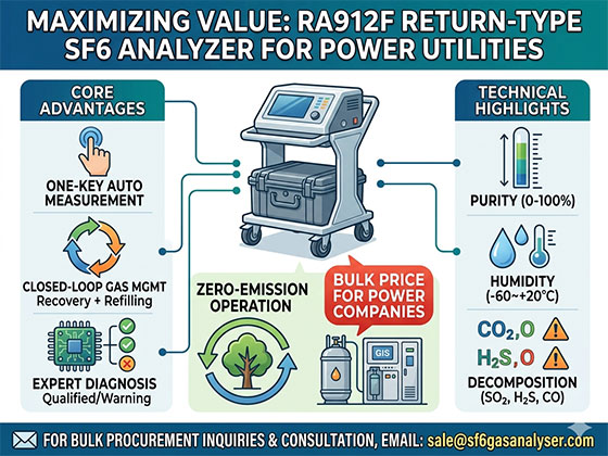Infographic displaying the technical specifications and bulk purchase price advantages of the RA912F Return-type SF6 Gas Analyzer for power companies.