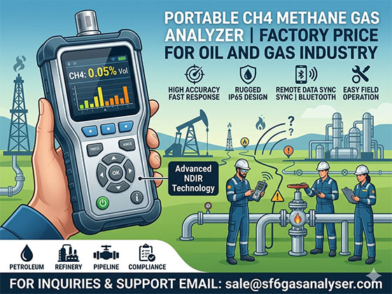 High-precision Portable CH4 Methane Gas Analyzer for oil and gas industry safety. Reliable NDIR technology, rugged IP65 design, and factory-direct pricing. Contact us at sale@sf6gasanalyser.com for technical support.