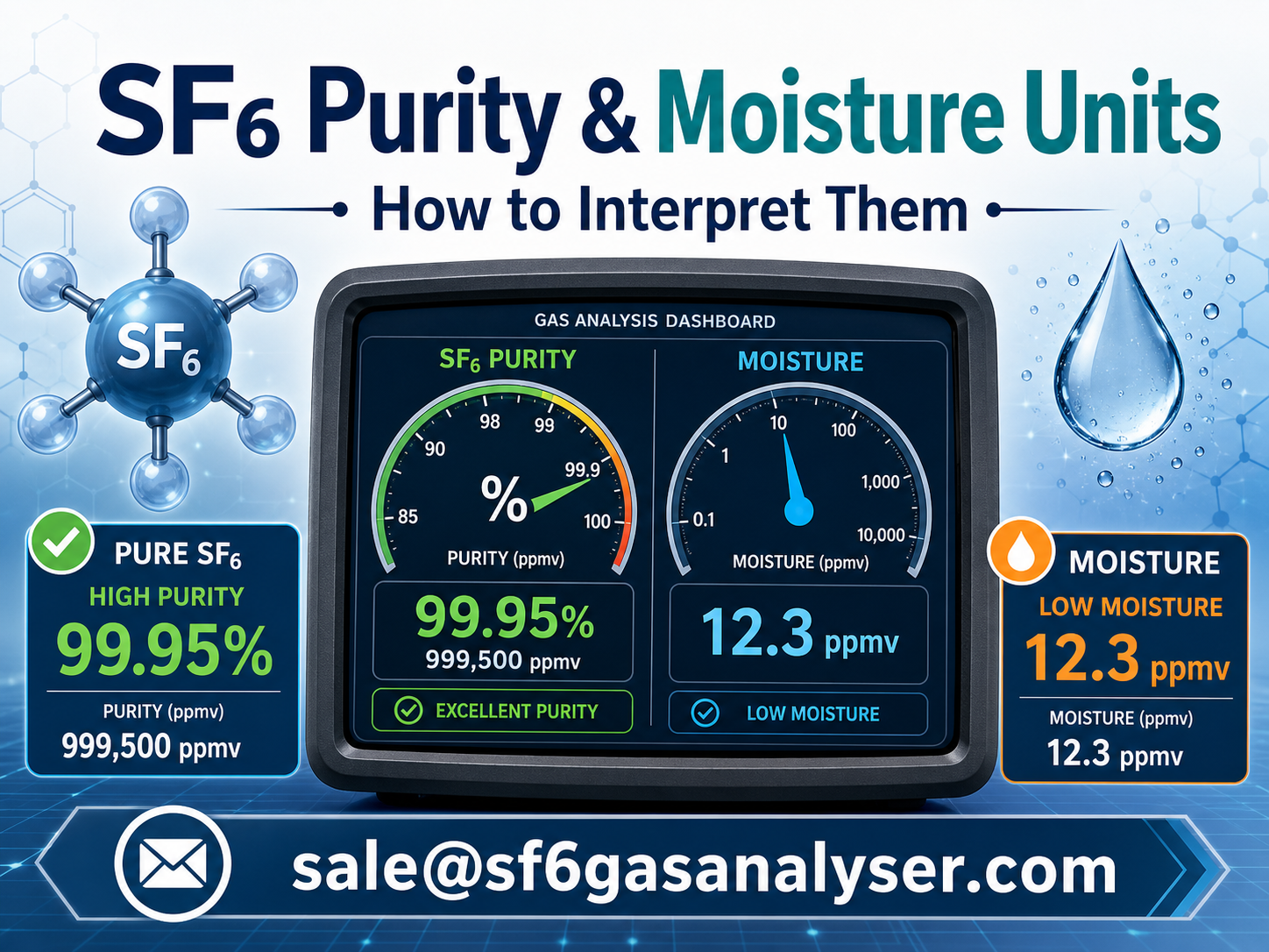 Technician reviewing SF6 purity and moisture measurement units on a gas analyzer screen