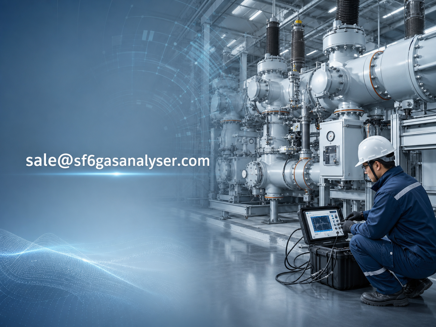 Engineer performing an SF6 insulated substation commissioning test solution on gas-insulated switchgear