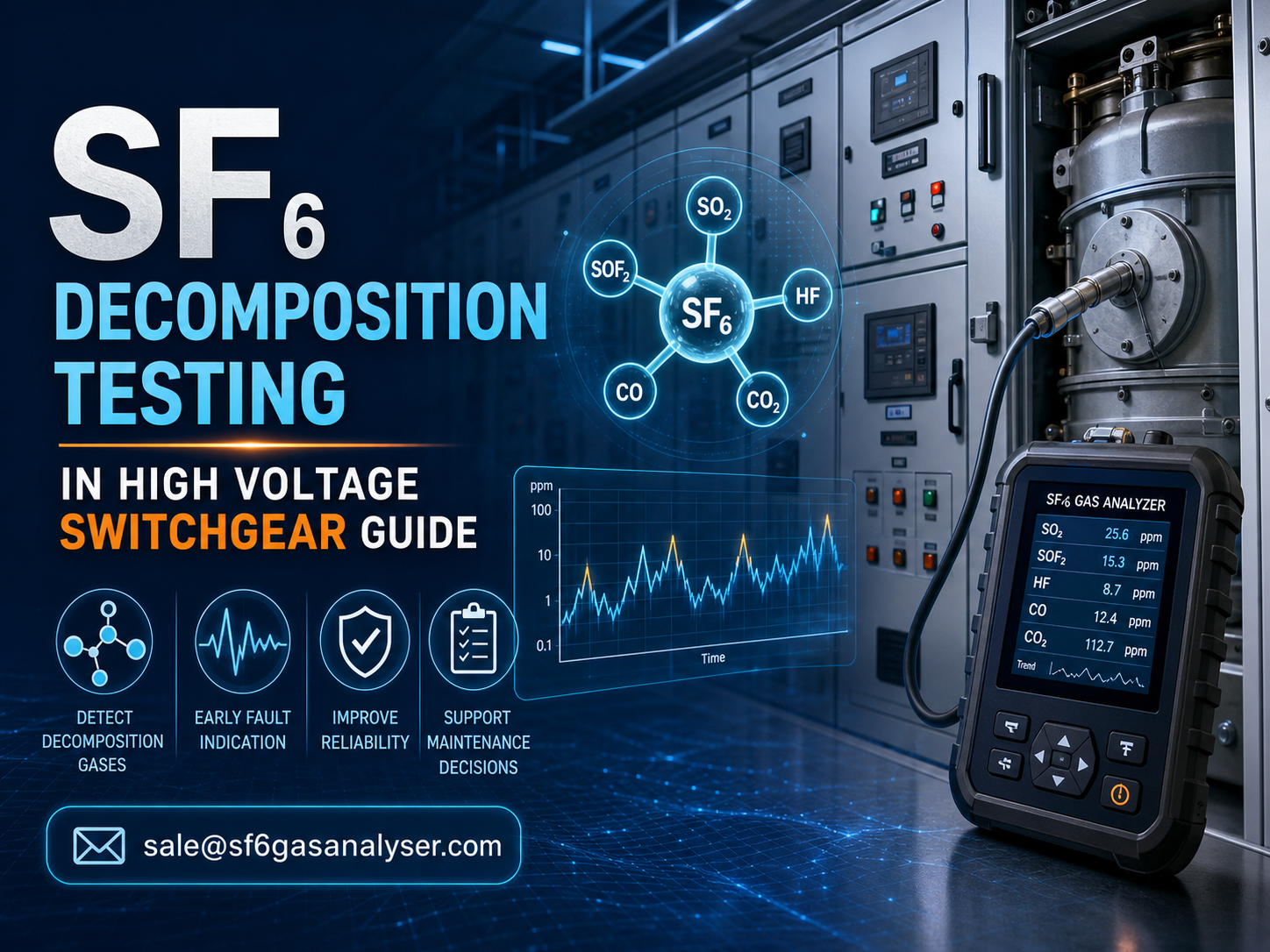Technician performing SF6 decomposition testing in high voltage switchgear cabinet