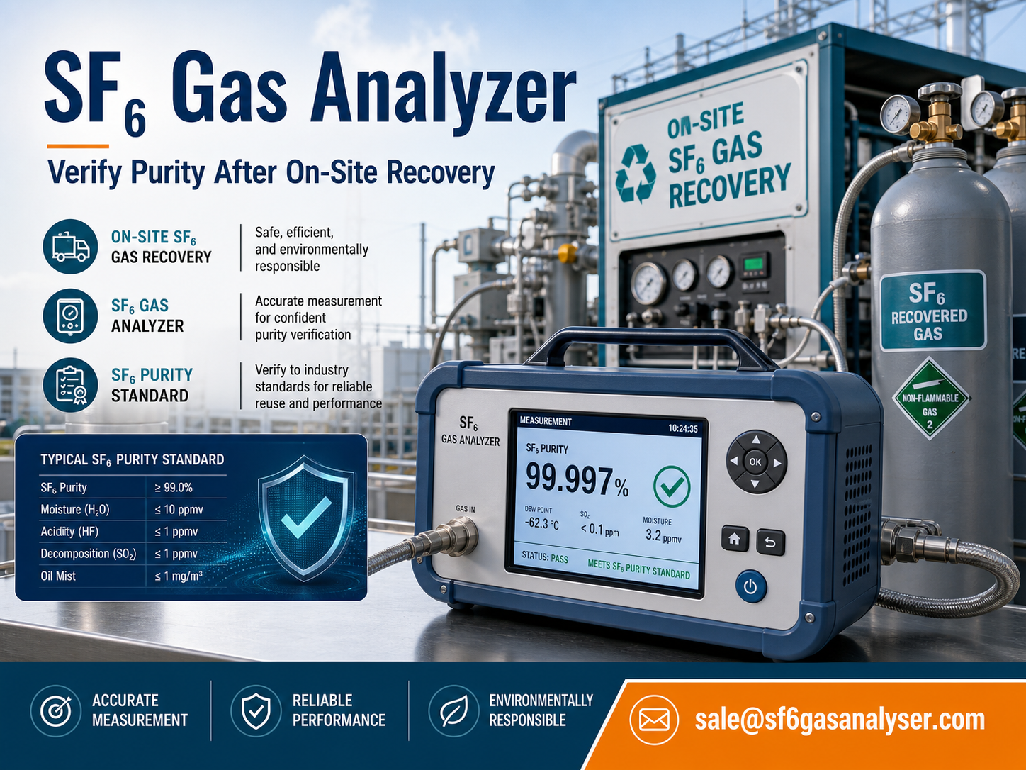 Technician using an SF6 gas analyzer to verify purity after on-site SF6 gas recovery